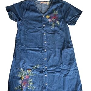 La Cera Denim Dress Floral Embroidery Medium Blue Women